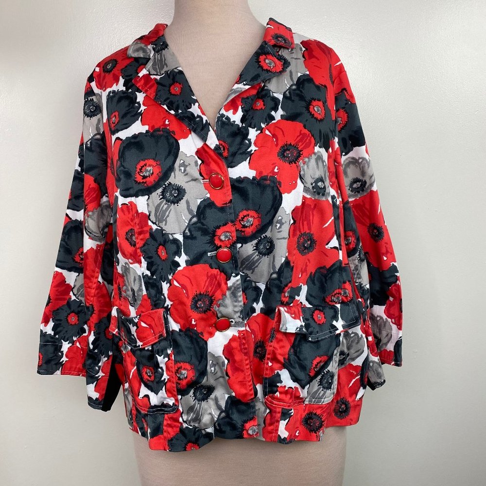 Joan Rivers Large Flower Red, Black, Gray & White Blazer Jacket Plus Size 28W